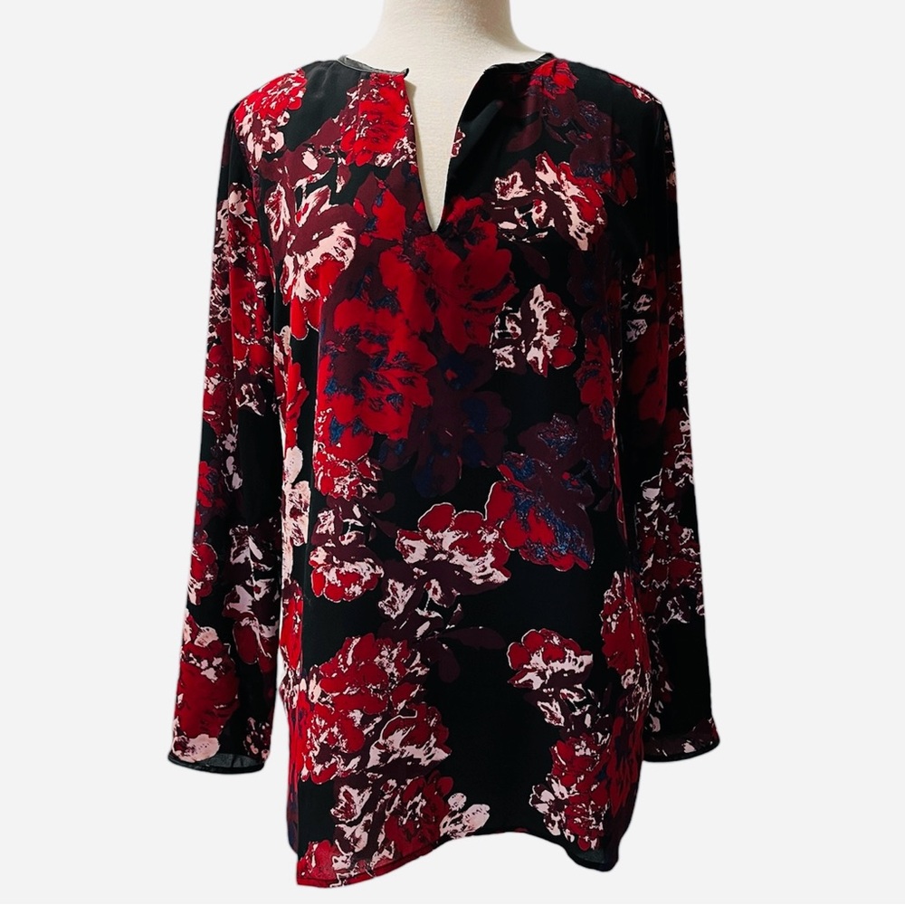 LOFT Black Red Floral V-Neck Long Sleeve Blouse